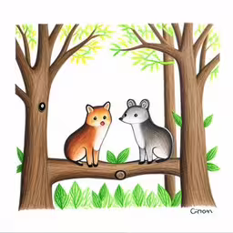 two foxes on a branch near trees with green leaves