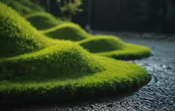 green grass laying on top of a wet road