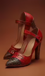 red and brown high heel shoe that has gold dots and a metal ankle strap