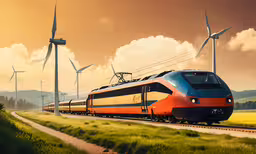 an orange and blue train traveling through a lush green field,a train that is on a track near some grass