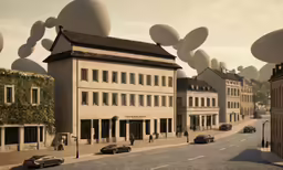 balloons fly in the air near buildings and a road