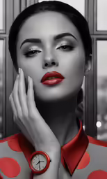 a lady wearing red and grey outfit with a watch