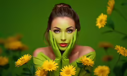 the woman has painted her hands near her face