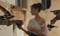 a woman standing in front of a robot with wheels