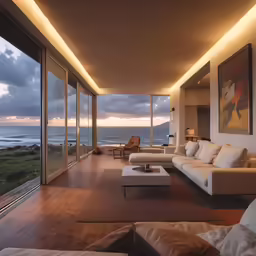 a living room with a nice view of the ocean