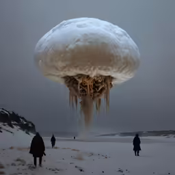 a large mushroom shaped object is standing in the snow