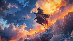 a man rides a horse and aims at an incoming storm