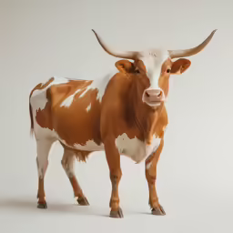 a brown and white cow standing on top of a white floor