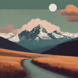 there is a large mountain with clouds above,an illustration of an empty country road
