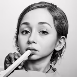 a girl with the long, white handle brushing her teeth