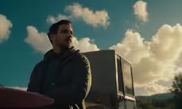 a man in a parka stands next to a van