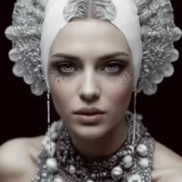 a portrait is in white and has pearls on it
