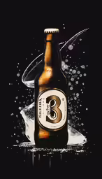 a brown beer bottle with a white label and a dark background