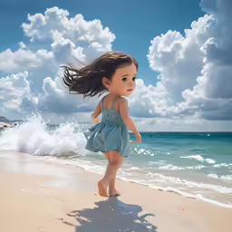 an infant on the beach in front of a body of water