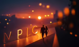 two people are walking across the street at sunset