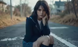a girl in the road is sitting on her knees