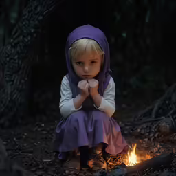 the little girl is kneeling on the ground by the fire