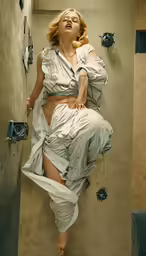 a woman in a white dress is leaning against the wall