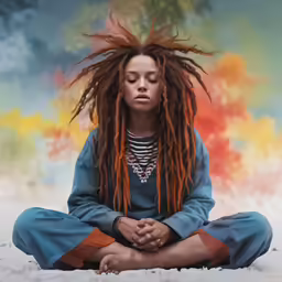the woman with bright dreadlocks sits on a yoga mat