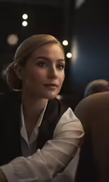 a woman with long hair sitting down at a table