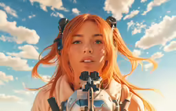 the redheaded woman is standing by herself while holding her cameras