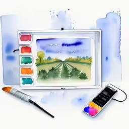 a watercolor painting shows paint on the table, a brush, and other art supplies,watercolors and a drawing kit on a table