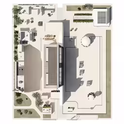 a drawing of a building next to a parking lot