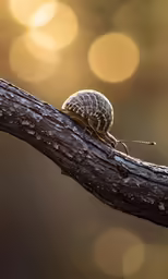 a snail sitting on top of a tree branch