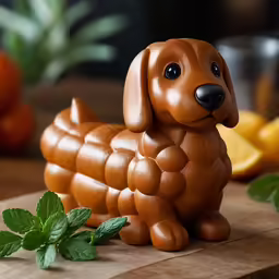 a brown dog statue on a wooden board