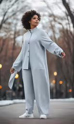 a woman is posing in her gray tracksuits and matching her jacket