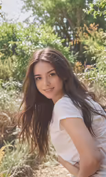 a girl is wearing a white shirt sitting on a wooden bench