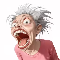 a very scary looking woman with some big white hair