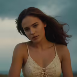 a beautiful woman in a brown top posing in front of a cloudy sky