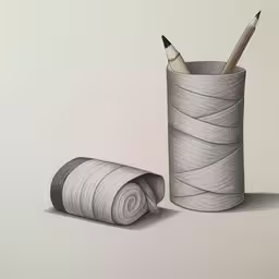 two pencils sitting in a cup and another pencil next to them,an image of a pencil in a holder next to a roll of cloth