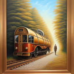 painting of train engine being followed on the track by a man,painting of a train riding on a railroad track,the painting shows a train going through a tunnel,a painting of a train riding down the track near a person walking by it,a painting of a train with an image of a person near by
