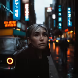 a young woman standing on the side of the road in a city