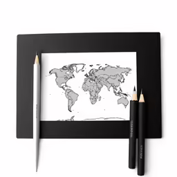 a black framed drawing of the world with pencils