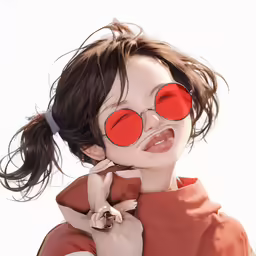 a model with red glasses and a ponytail