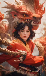 an image of a woman in front of a demon