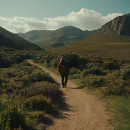 the person is walking on the path in the mountains
