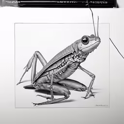 a drawing of a mantisbee on paper with marker
