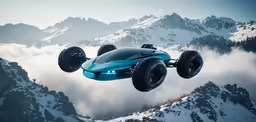 a blue car flying over some snowy mountains