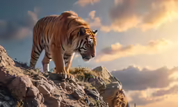 a tiger walking across a rocky hillside in the evening