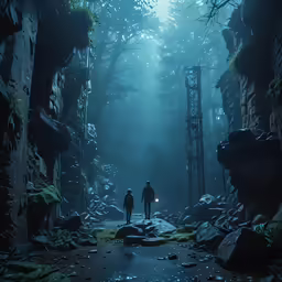 two people in dark forest walking away from each other