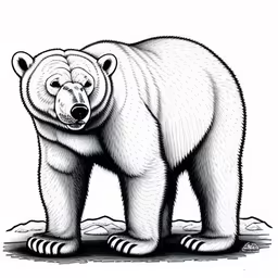 a drawing of a bear, done in black and white,a bear standing in the ground next to a rock