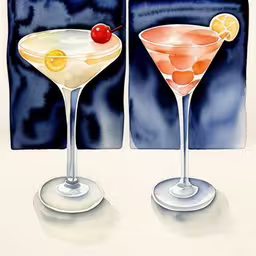 painting of two martinis with one sitting on the opposite side,two martinis with drinks sit on a table,two martinis with different ingredients in front of one another,two martini glasses with orange and cherry garnish,two drinks are next to each other on the table