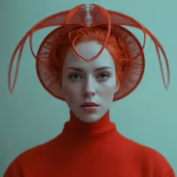 a woman is wearing an orange hat and a red dress