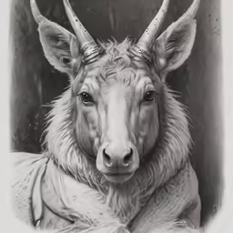 an animal that is wearing horns with clothes