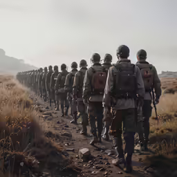 there are several men in military gear on the trail