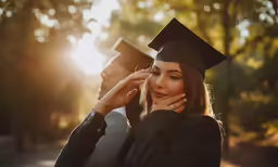 a woman dressed in graduation cap, gown, and robe standing by a tree while holding her diploma